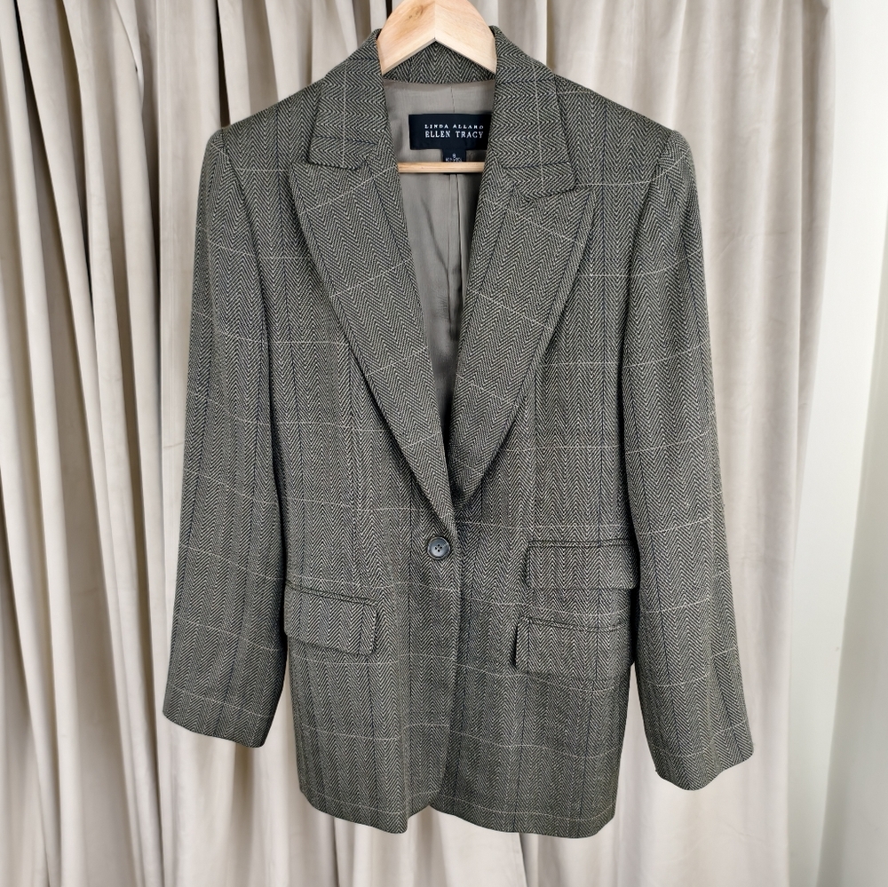 Vintage Wool Ellen Tracy Green Herringbone and Plaid Wool Blazer - Picture 5 of 8